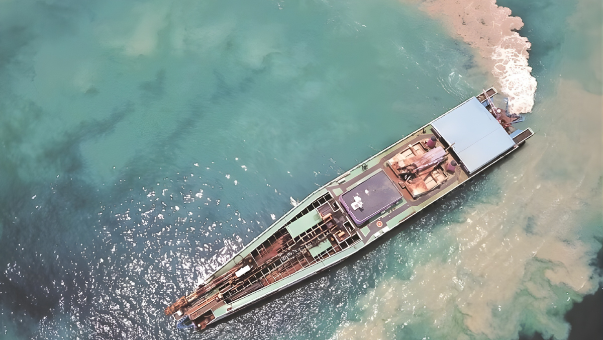 Vessel conducting deep-sea mining exploration operations in offshore waters.