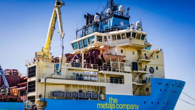 The Metals Company deep-sea mining vessel with crane equipment offshore