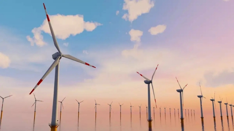 Offshore wind turbines in the North Sea during sunset