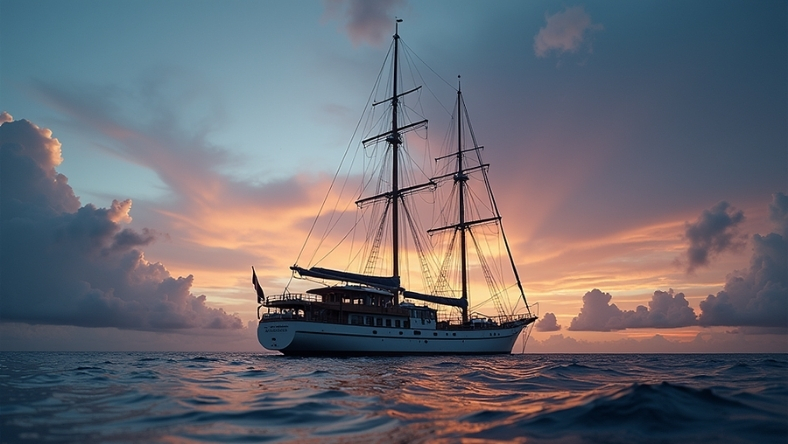 Two-masted sailing vessel at sea during sunset over open ocean